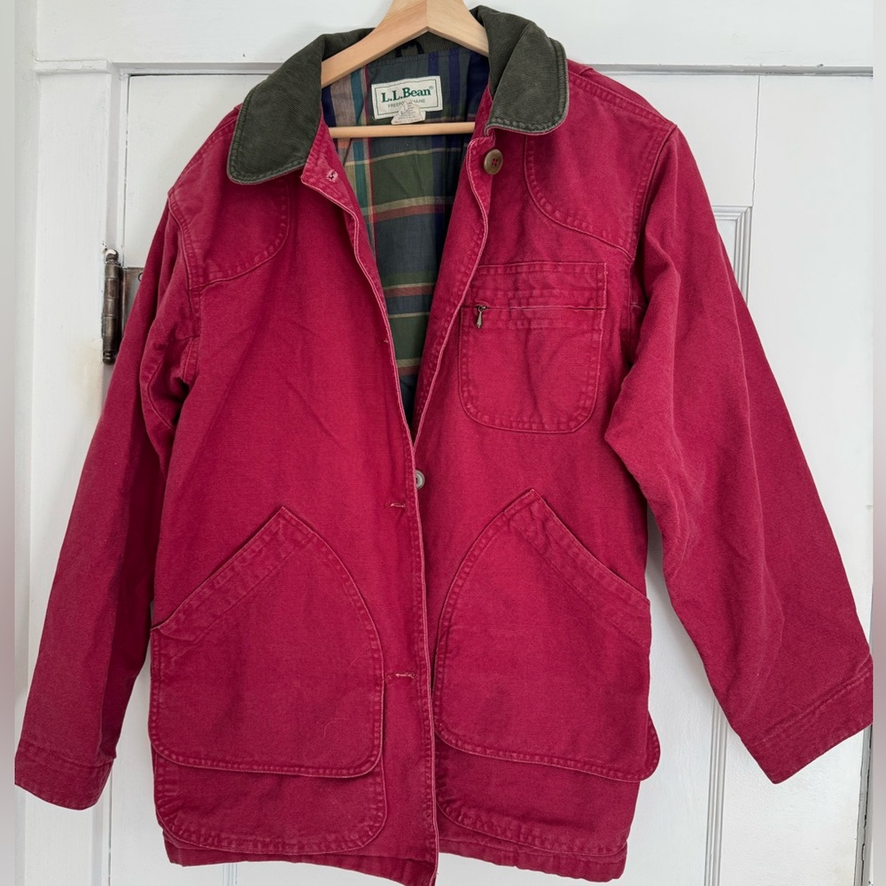 L.L. Bean Red With Green Collar Vintage Style Barn Jacket Shacket Chore Coat